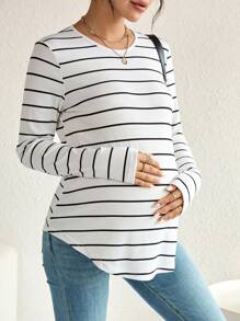 SHEIN Maternity Striped Print Curved Hem Tee - Black and White - View 1
