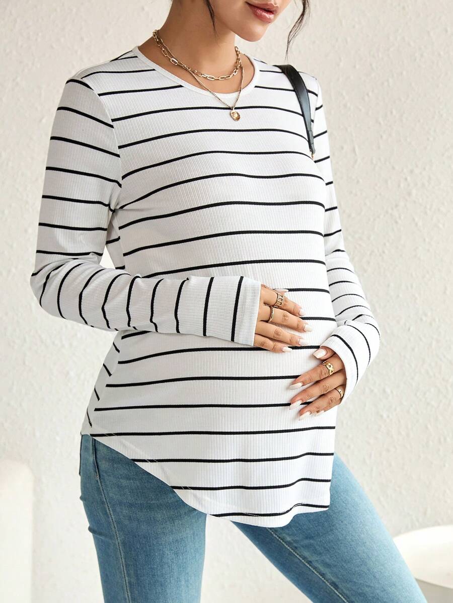 SHEIN Maternity Striped Print Curved Hem Tee - Black and White - View 1