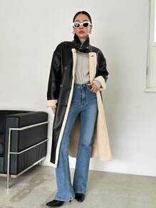 DAZY Abrigo de poliuretano con botones dobles y ribete de contraste, abrigo informal de mujer de invierno con cuello alto, hombros caídos y bolsillos, abrigo de mujer de color negro y bloque de color, ropa de mujer de invierno, chaqueta de mujer de invierno, ropa de mujer de otoño, forro polar