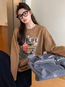 DAZY 字母圖案落肩袖超大號T恤 - 卡其色 - 查看 1