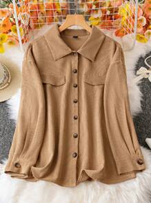 SHEIN LUNE 加落肩翻蓋細節燈芯絨夾克 - 卡其色 - 查看 1