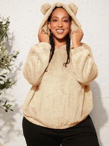 SHEIN CURVE+ Plus 3D Ear Design Drop Shoulder Teddy Hoodie - Apricot - View 1