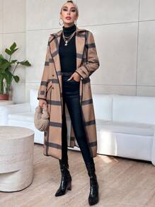 SHEIN Privé Plaid Print Lapel Neck Double Breasted Belted Coat - Brown - View 5