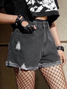 Batman X ROMWE 刺繡蝙蝠圖案毛邊牛仔短褲 - 黑色 - 查看 3