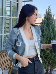 DAZY Autumn/Winter Casual Business Color Block Trim Cardigan,Long Sleeve Tops