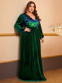 YISIKADO Plus Contrast Sequin Lantern Sleeve Velvet Prom Dress - Multicolor - View 4