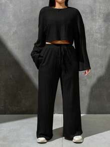 SHEIN EZwear Talla grande Camiseta de hombros caídos & con nudo delantero Pantalones de pierna ancha - Negro - Ver 4