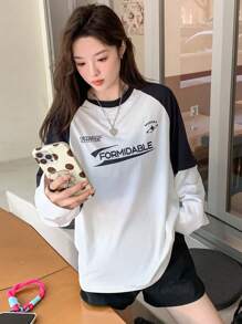 DAZY Áo thun tay dài họa tiết chữ Raglan tương phản dành cho nữ, Quần áo mùa thu cho nữ - Đen và trắng - Xem 8