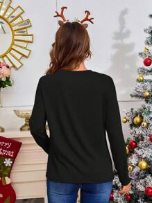 SHEIN EZwear Christmas Print Tee - Black - View 2