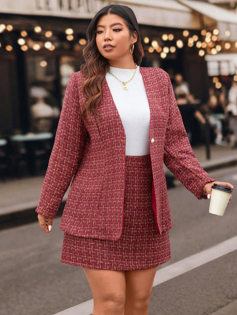 Calvaya Plus Áo khoác và váy in họa tiết kẻ sọc phía trước - Đỏ - Xem 1