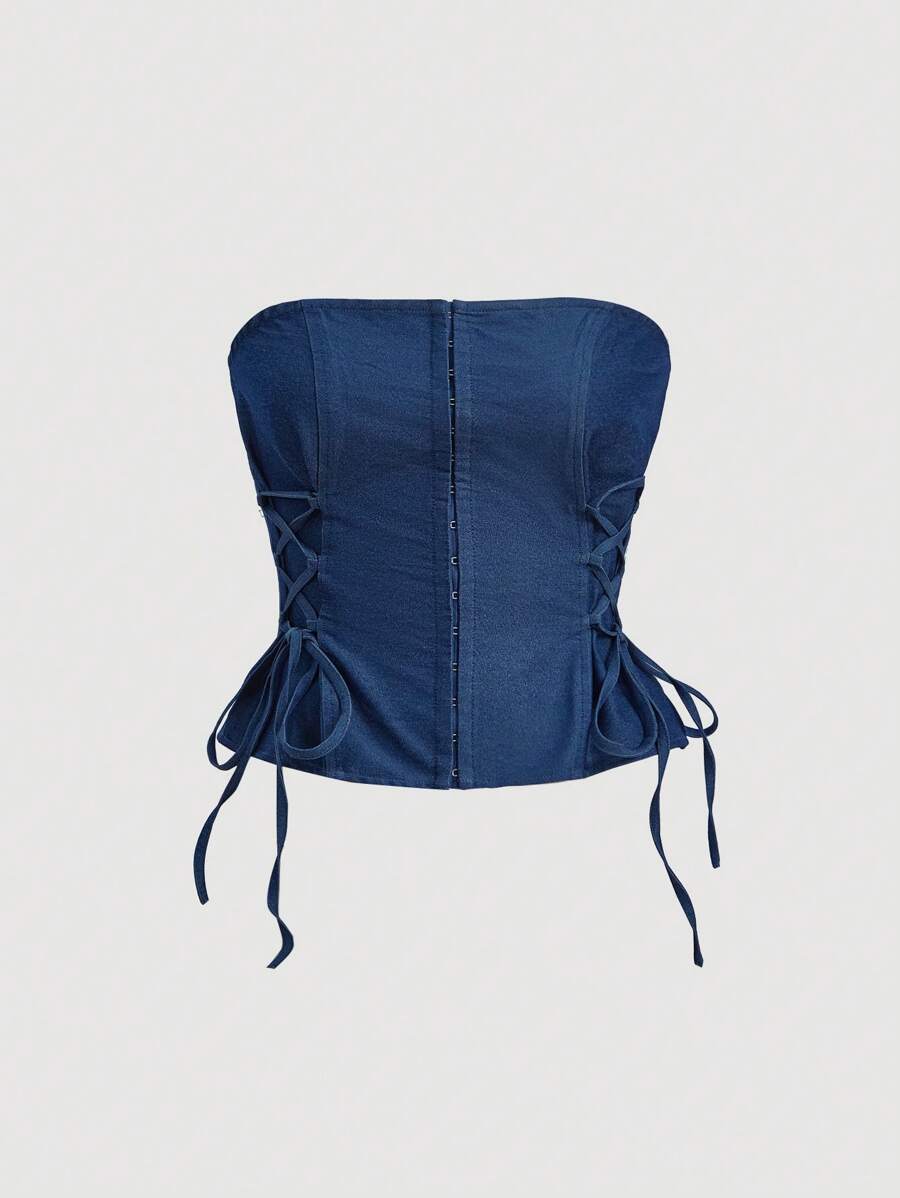 SHEIN MOD 側邊綁帶羊腿袖抹胸上衣不帶襯衫 - 藍色 - 查看 1