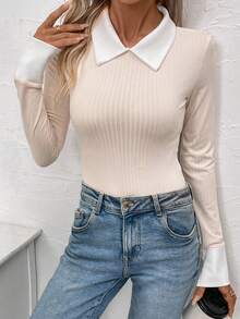 SHEIN Clasi 撞色領羅紋針織連體衣 - 杏色 - 查看 6