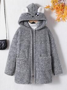 SHEIN Tween Girl 3D Ear Design Hooded Open Front Coat Without Sweater - Grey - View 1