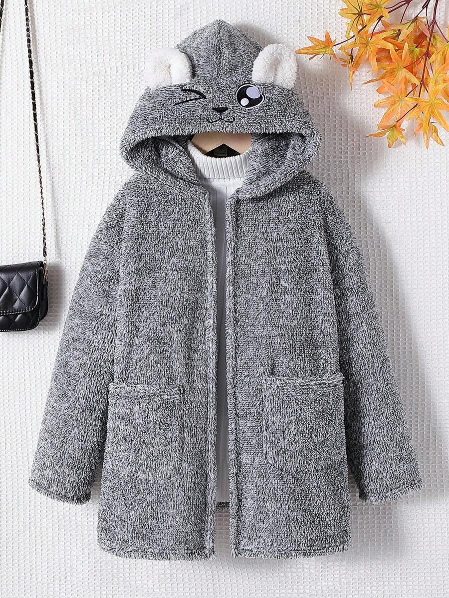 SHEIN Tween Girl 3D Ear Design Hooded Open Front Coat Without Sweater - Grey - View 1