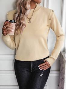 SHEIN LUNE Button Detail Shoulder Pads Knit Pullover Fall Winter Sweater - Apricot - View 3