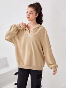 SHEIN Teen Girls Letter Patched Drop Shoulder Sweatshirt - Khaki - View 4