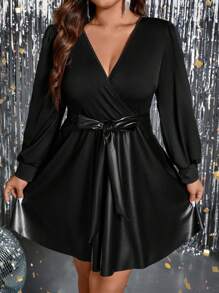 SHEIN Clasi 大碼聖誕交疊領燈籠袖腰帶PU皮革洋裝 - 黑色 - 查看 6