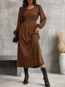 SHEIN Clasi Solid Button Front A-line Dress - Brown - View 6