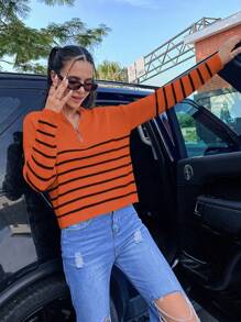Flirla Striped Pattern Half Zip Drop Shoulder Sweater