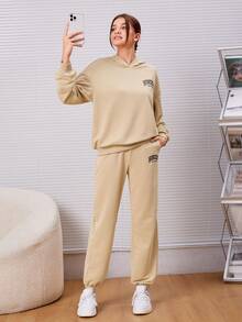 SHEIN 青少年女孩標語圖案落肩袖連帽衫和運動褲 - 卡其色 - 查看 4