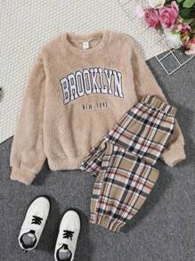 SHEIN 女大童字母刺繡法蘭絨運動衫和格子長褲 - 杏色 - 查看 1
