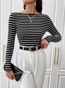 SHEIN Essnce 條紋印花船領T恤 - 黑色 - 查看 3