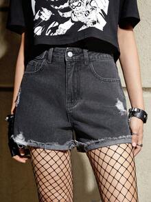 Batman X ROMWE 刺繡蝙蝠圖案毛邊牛仔短褲 - 黑色 - 查看 2