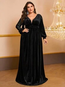 YISIKADO Talla grande Vestido de fiesta de cuello profundo de cintura con fruncido de terciopelo - Negro - Ver 1