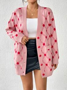 SHEIN Essnce Kropki & Wzór argyle Opuszczane ramiona Długi kardigan
