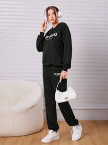 SHEIN 青少年女孩字母圖案落肩袖套頭衫和運動褲 - 黑色 - 查看 3