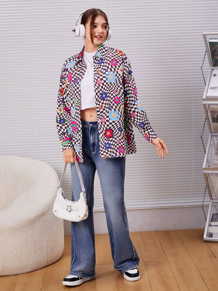 Teen Girl Checker & Floral Print Drop Shoulder Shirt