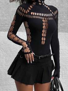 鏤空小高領連體衣 - 黑色 - 查看 4