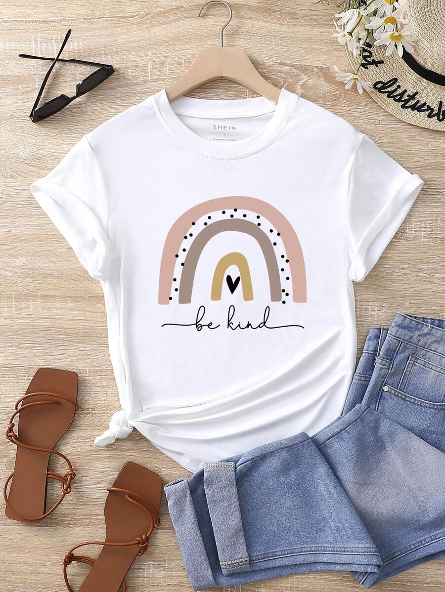 SHEIN LUNE Heart And Slogan Graphic Tee - White - View 1