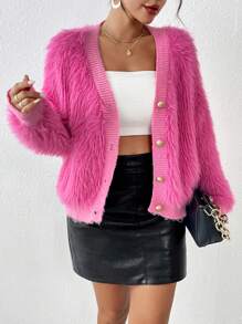 SHEIN Privé Chất rắn Nút phía trước 	
Fuzzy Áo len Mở - Màu Hồng Tươi - Xem 3