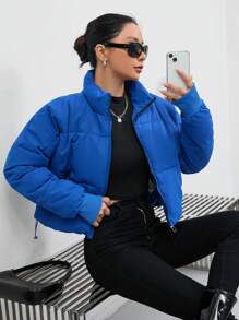 SHEIN EZwear 女士休闲纯色短款加厚棉服冬季服装 - 藍色 - 查看 1