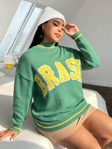 SHEIN EZwear Hơn Mẫu chữ Thả vai Áo len - màu xanh lá - Xem 4