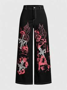 ROMWE PUNK Skull & Fire Print Wide Leg Pants, School - Black - View 1