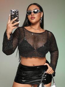 SHEIN ICON Plus Hollow Out Crop Sweater Without Bra - Black - View 2