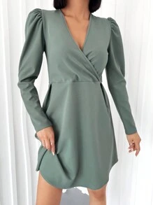 EURMUSE Solid Puff Sleeve Wrap Knot Side Dress - Mint Green - View 6