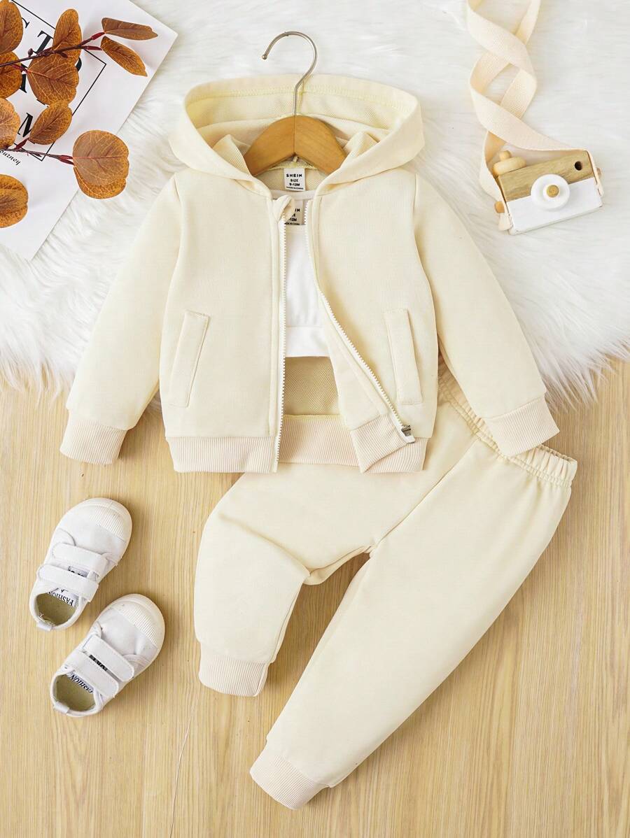 Baby Girl Solid Tank Top & Zip Up Hoodie & Sweatpants