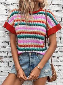 SHEIN LUNE Colorblock Contrast Binding Batwing Sleeve Pointelle Knit Top - Red - View 1