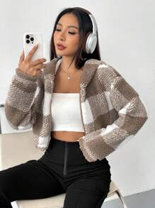 SHEIN EZwear Họa tiết kẻ sọc trâu Thả vai áo có mũ Áo Teddy Jackets - Màu Khaki - Xem 5