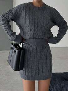 EURMUSE Cable Knit Drop Shoulder Sweater & Knit Skirt - Dark Grey - View 3