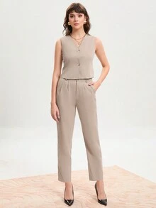 SHEIN BIZwear unicolor Blazer & con bolsillo oblicuo Pantalones - Caqui - Ver 4