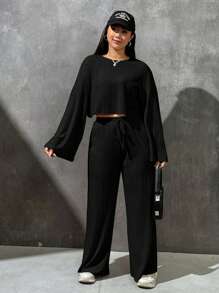 SHEIN EZwear Talla grande Camiseta de hombros caídos & con nudo delantero Pantalones de pierna ancha - Negro - Ver 5