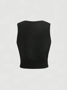 SHEIN MOD 花朵圖案正面鈕扣針織背心（無襯衫） - 黑色 - 查看 2