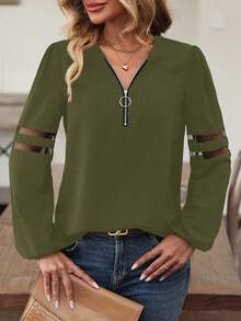SHEIN LUNE Contrast Mesh Lantern Sleeve Half Zip Blouse - Army Green - View 3
