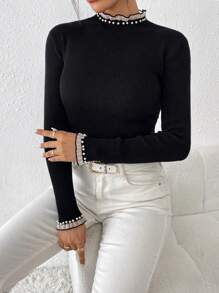 Firerie 撞色饰边荷叶边立领黑色毛衣、长袖上衣 - 黑色 - 查看 5