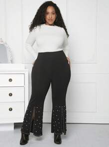 SHEIN CURVE+ Plus Pearls Beaded Split Hem Flare Leg Pants - Black - View 4