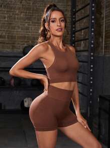 Easithlete Seamless High Stretch Sports Bra With Cycling Shorts - Brown - View 4